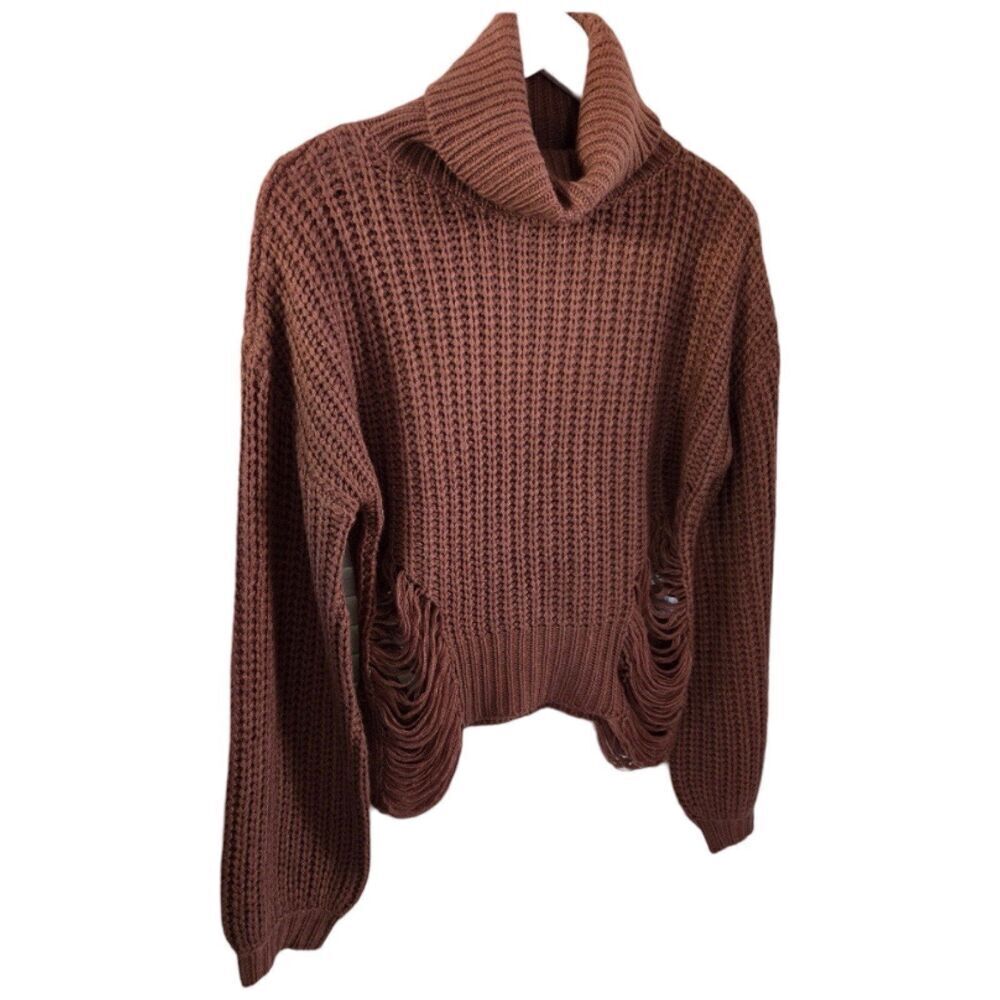 Cotton Candy LA Brown Knit Distressed Turtleneck Sweater M/L - Picture 2 of 8